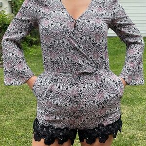 NAF NAF Floral Romper | Lace Trim, Bell Sleeves, Fits S/M Boho chic